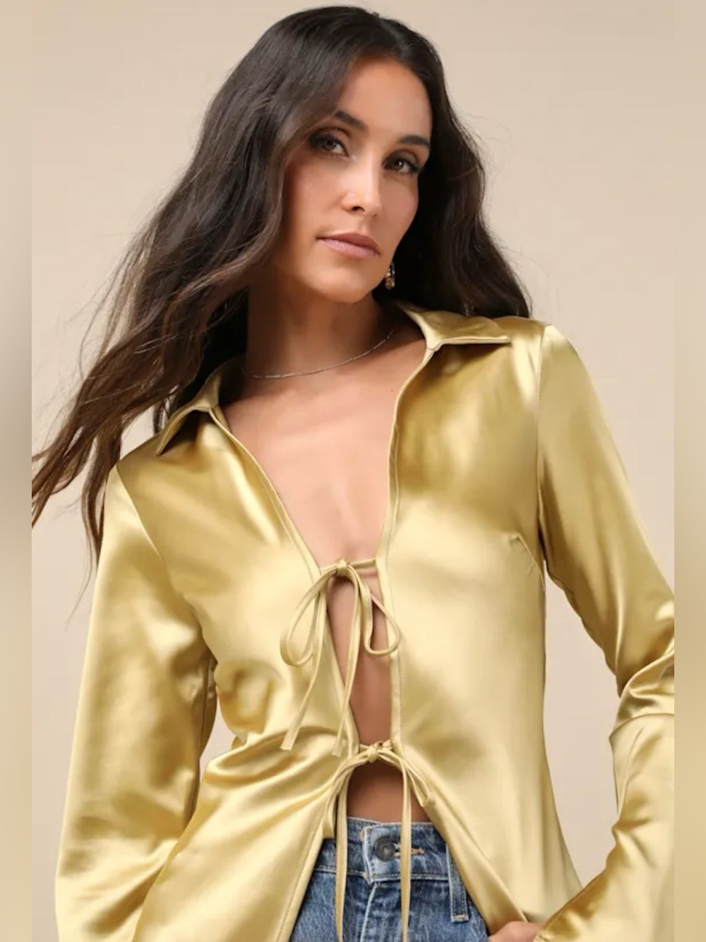 Lulus Coveted Aesthetic Gold Tie-Front Long Sleeve Collared Top Size Small NWT - Picture 8 of 8